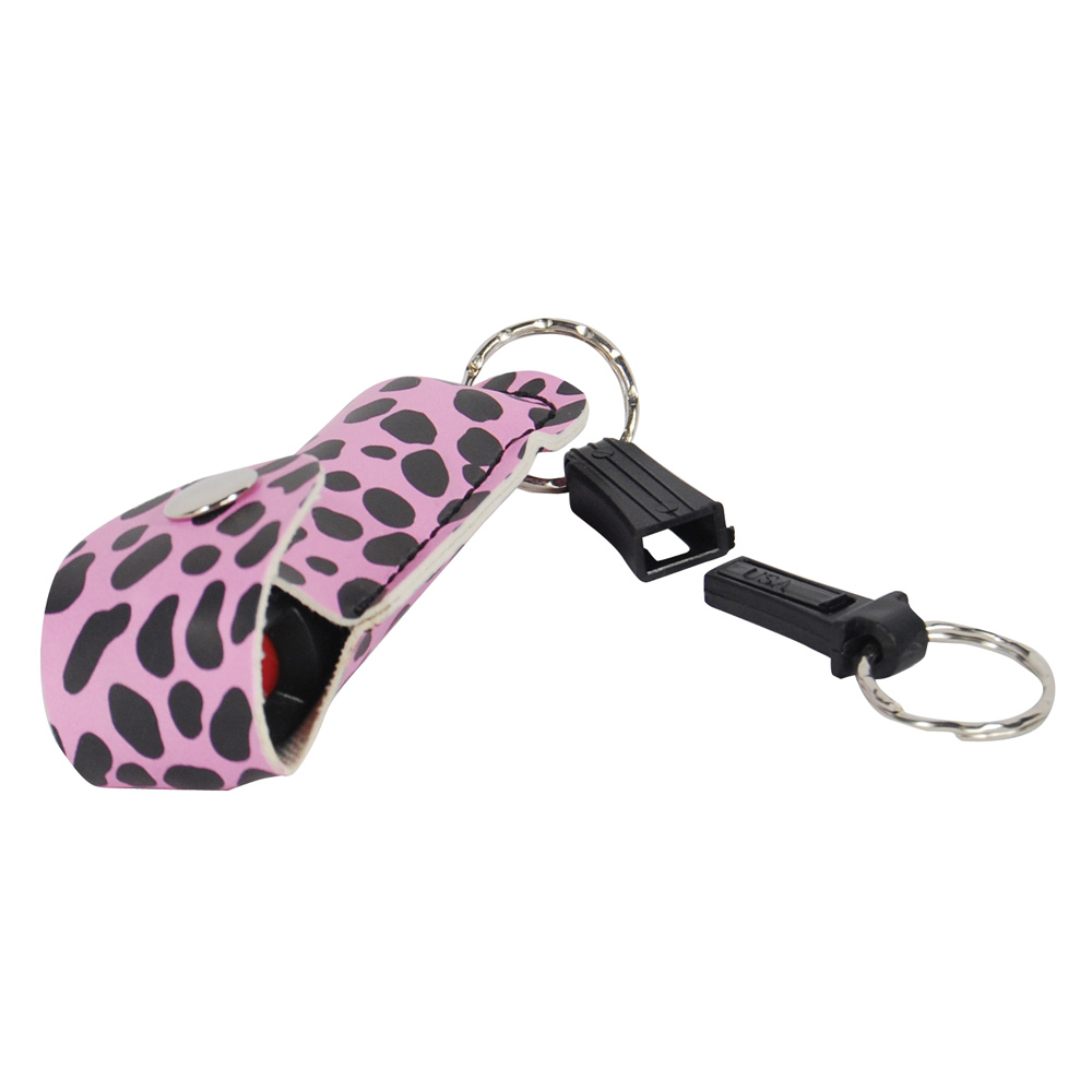 Wildfire 1.4% MC 1/2 oz pepper spray fashion leatherette holster and quick release keychain cheetah black/pink view 6